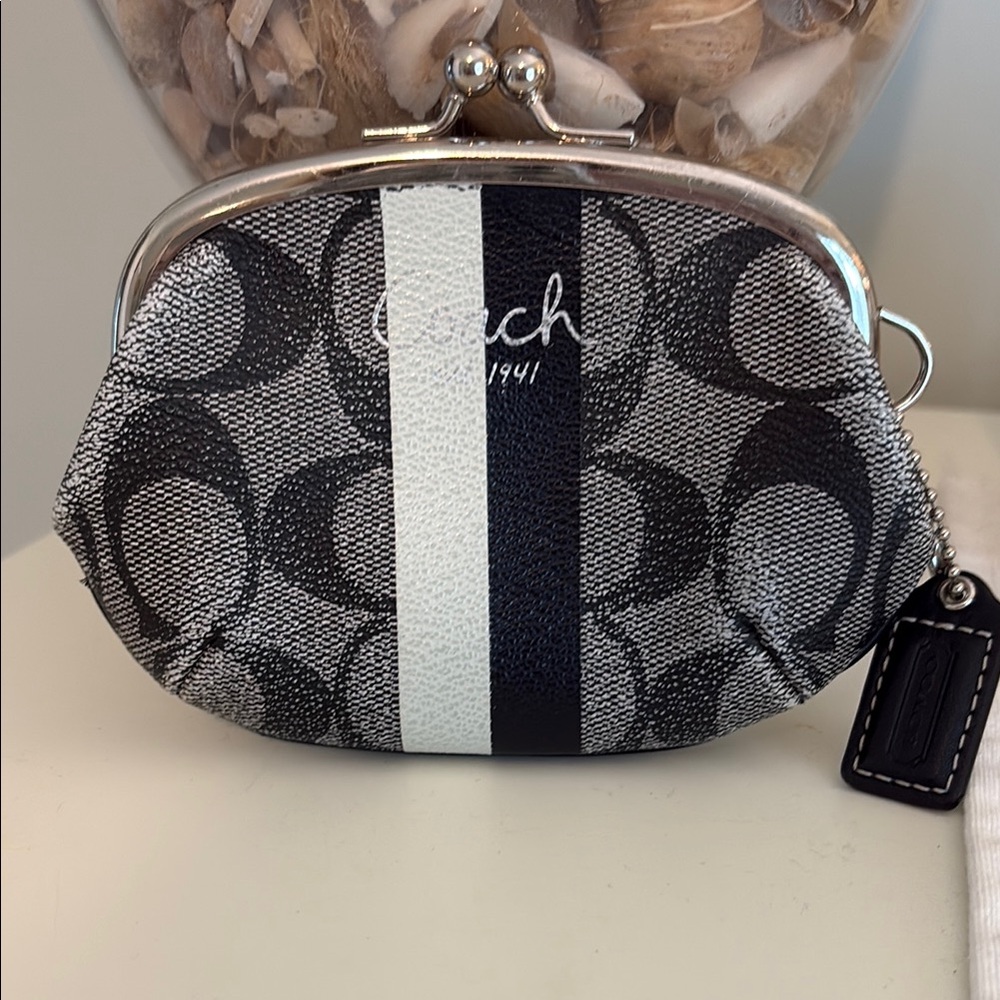 Coach Black & White Signature Stripe Kiss-Lock Wristlet Pouch